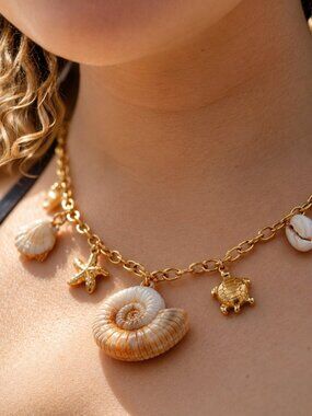 Gold Shell Turtle Starfish Charm Necklace Coastal Mermaidcore Beach 18K Plated